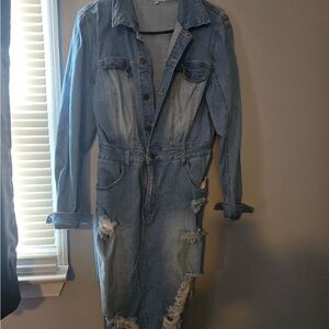 Light Blue Distressed Denim Jumpsuit
